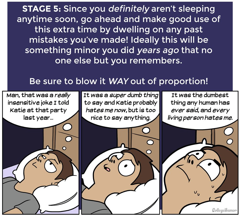 Stage 5 from "The 7 Stages Of Not Sleeping At Night" This is perhaps similar to my bias anxiety. http://www.collegehumor.com/post/7018090/the-7-stages-of-not-sleeping-at-night