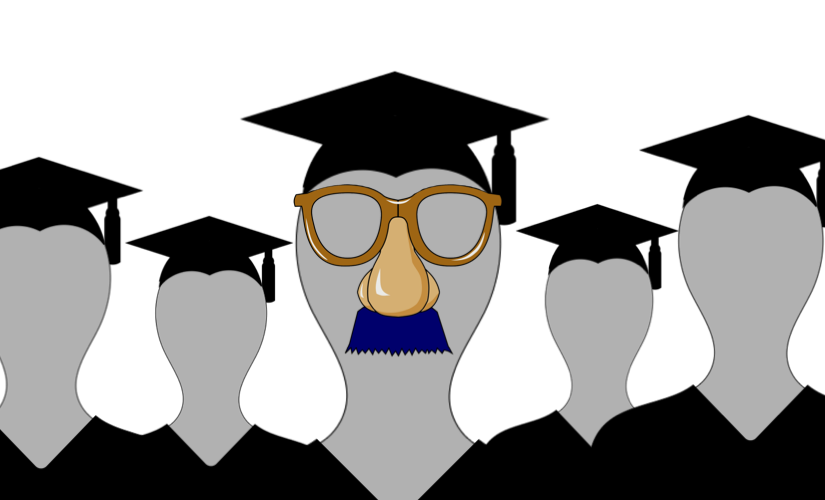 A picture of graduates in their graduate caps and gowns, now of whom is wearing a groucho marx disguise. From Nick Byrd's blog post about academic fake news.