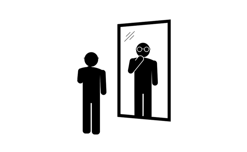 A drawing of a stick figure looking at their reflection in a mirror.
