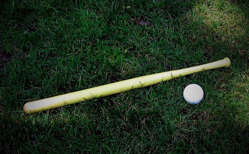 A wiffel bat and ball lying in grass.