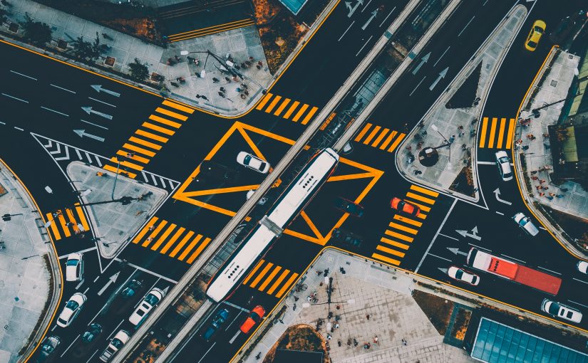 An aerial view of a busy intersection.