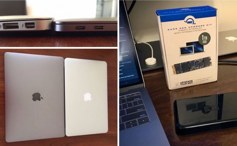 Images of MacBooks Air and MacBooks Pro and external storage drive.