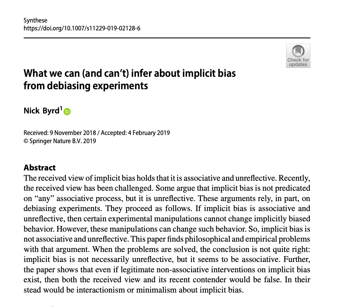 A screenshot of the first page of the paper "What We Can (And Can't) Infer About Implicit Bias From Debiasing Experiments".